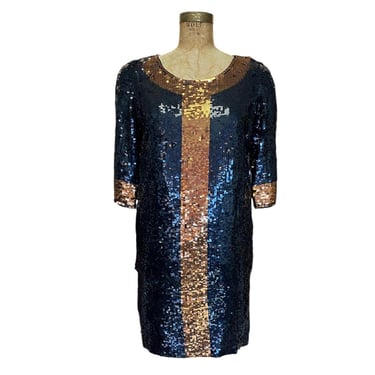 Vintage 1980s sequin black and gold mini dress, size small, beaded silk dress 