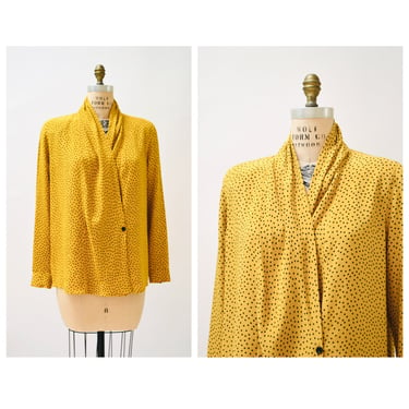 80s 90s Vintage Emanuel Ungaro Silk Shirt Blouse Jacket Yellow Black Polka Dot Medium Large// 90s Vintage Designer Silk Shirt Yellow 