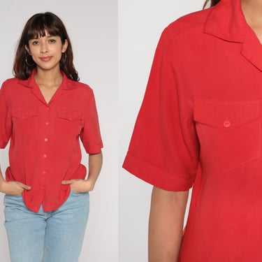 Red Silk Blouse Y2k Button Up Shirt Retro Plain Simple Short Sleeve Top Chest Pocket Preppy Basic Button Down Minimal Vintage 00s Medium M 