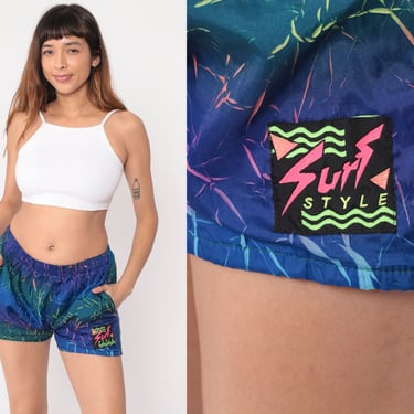 90s Neon Swim Shorts Surf Style Surfer Swim Trunks Cracked Ombre Shorts High Waisted Shorts Blue Teal Beach Vacation Large L 