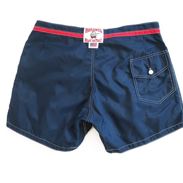 vintage board shorts / surf shorts / 1970s Birdwell Beach Britches navy blue striped nylon surf shorts 32 