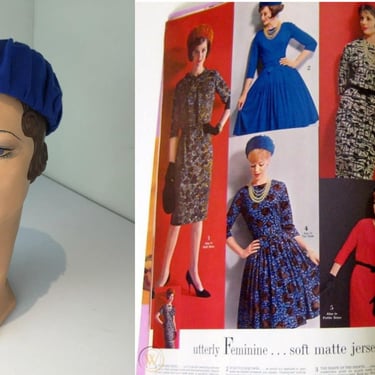 A Gentle Look - Vintage 1950s 1960s Royal Blue Wool Felt Soft Pill Box Hat 