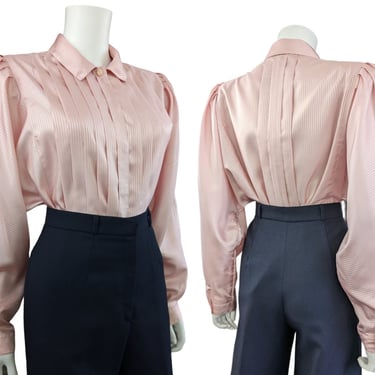 Vintage Pleated Blouse, Large / Silky Pink Button Blouse / Jacquard Stripe Cocktail Blouse / 1980s Wide Sleeve Dress Shirt 