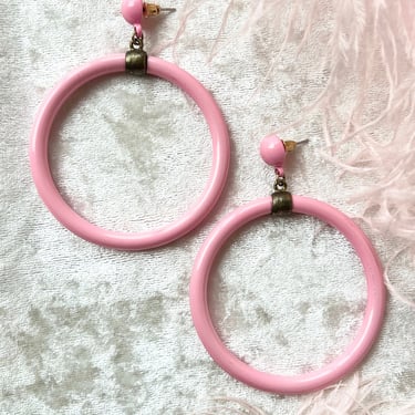 Vintage 1960s Hoop Earrings | 60s Pink Enamel Brass Metal Pin Up Bad Girl Post Back Earrings for Pierced Ears 