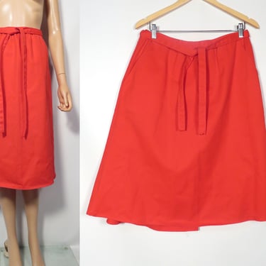 Vintage 80s Cherry Red Cotton Picnic Apron Wrap Skirt With Pockets Size M/L 