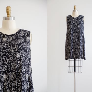 black mini dress | 90s vintage Ann Taylor Max Studio black white daffodil floral loose oversized flowy short dress 