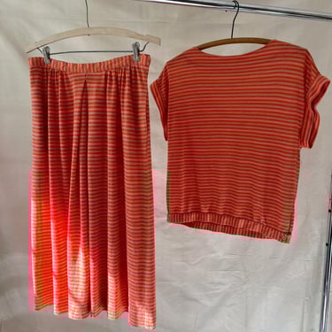 80s Christian Dior Striped Jersey Two Piece Set Orange Designer Deco Retro Size M / L 