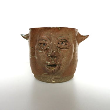 Vintage Studio Pottery Devil Face Mug, Figural Stoneware Coffee Mug 