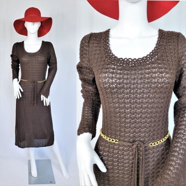 1970's Chocolate Brown Crocheted Knit Dress I Sz Med I Caledonia 