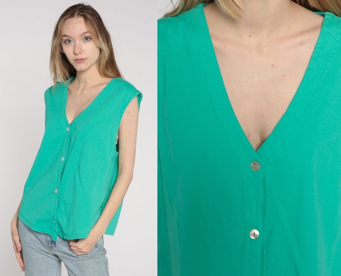 90s Tank Top Green Shirt 1990s Sleeveless Blouse Button Up Shirt Normcore Basic Top Plain V Neck Vintage Large L 