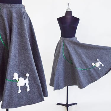 1950s Poodle Skirt | 50s Gray Wool Felt Circle Skirt | Vintage Poodle Skirt | Sock Hop | Medium 