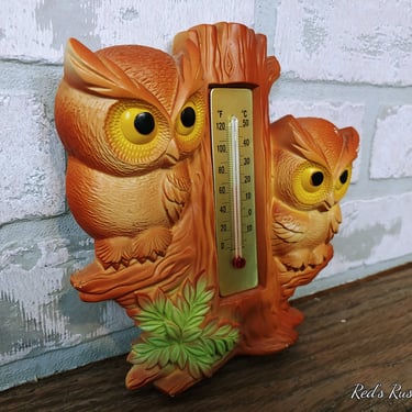Vintage Chalkware Owl Thermometer 