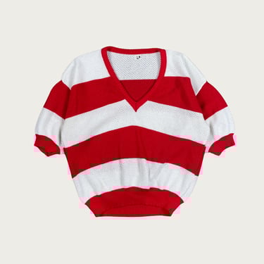 (M/L) Red and White Striped Short Sleeve Sweater
