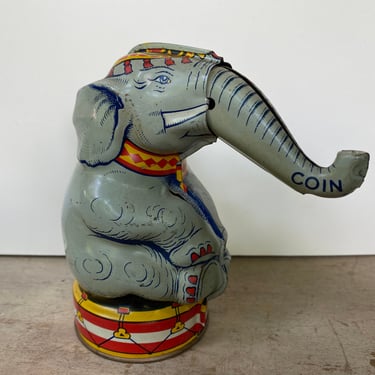 Antique J Chein Mechanical Elephant Bank, Tin Litho, Circus Elephant, Trunk That Retreives Coin In Slot, Elephant Piggy Bank 
