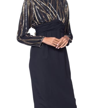1980S BOB MACKIE Style Black Hand Beaded Polyester Chiffon Long Sleeve Cocktail Dress 