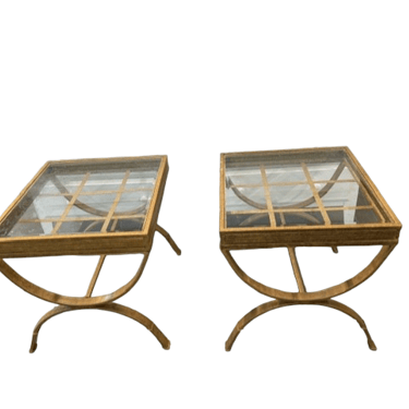 Pair Tin Glass Top Lattice X Frame Side End Tables Nightstands EK221-211