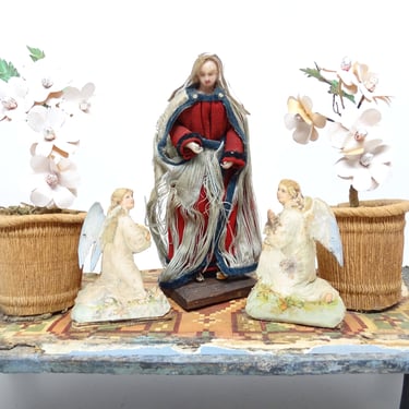 1800's German Saint Mary Nicho Altar Shrine, Antique Paper Angels,  Madonna on Platform, Vintage Religious Church Folk Art 