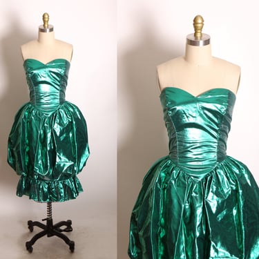 1980s Green Metallic Strapless Bubble Skirt Formal Prom Dress by Loralie and McDaniel’s -XS 