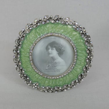 Round Silvertone Photo Frame w/ Green Enamel Trim and Faux Rhinestones - Holds one 2 1/2" diameter picture 