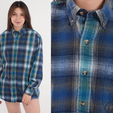 Blue Flannel Shirt 90s Plaid Button up Shirt Grunge Lumberjack Long Sleeve Boyfriend Tartan Checkered Print Cotton Vintage 1990s Medium M 