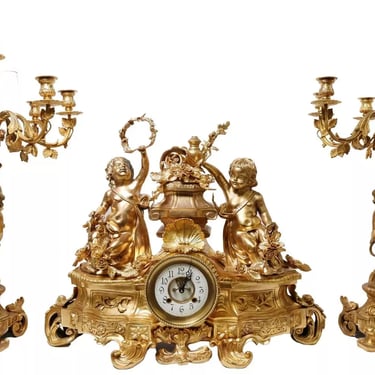 Clock, Dore, & Candelabra, Louis XV Style, Bronze, Gold, Mantel, Set of 3!