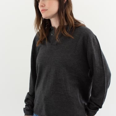 Vintage Grey Polo Long Sleeve Shirt Sweater | Unisex Merino Wool | S M | 