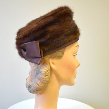 1950s Reddish Brown Fur and Satin Hat 