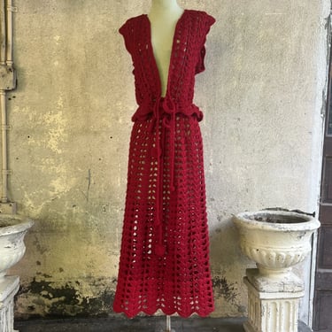 Vintage 1950s 1960s Red Two Piece Crochet Dress Tassels Blouse Top & Skirt