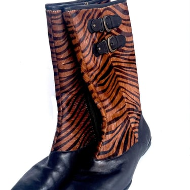 BOLI Vintage Tiger Print Calf Boots, Mid Calf Boots with Buckles, Animal Print Pony Hair Statement Boots, Pony Hair Exotic Boots, Size 9 
