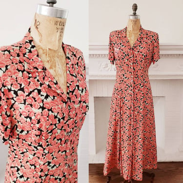 90s Coral Red Floral Print Summer Dress / 90s Button Down Short Sleeve Dress CDC Caren Desiree Company / Medium 