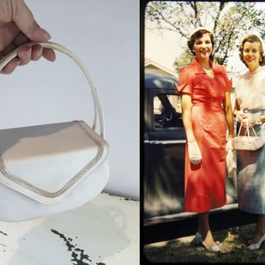 Betty Jo is Ready For the Picnic - Vintage 1950s White Faux Leather Box Coffin Handbag Purse 