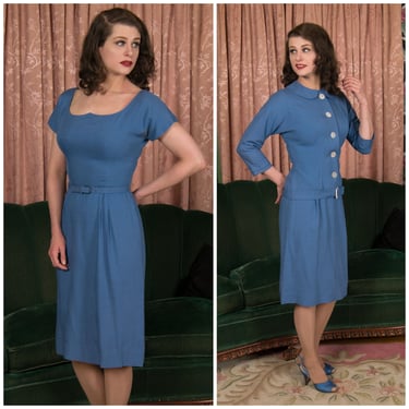 1950s Dress Set - Smart 50s Day Dress Ensemble in Blue Linen with Matching Tailored Jacket with Shell Buttons and Buckle 