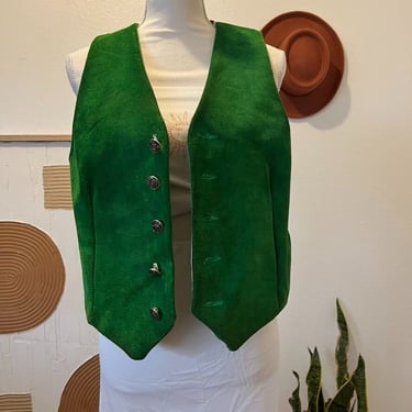 Vintage Handmade 70s Green Genuine Leather Button Front Vest 