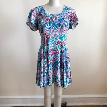 Short-Sleeved Floral Print Mini-Dress - 1990s 