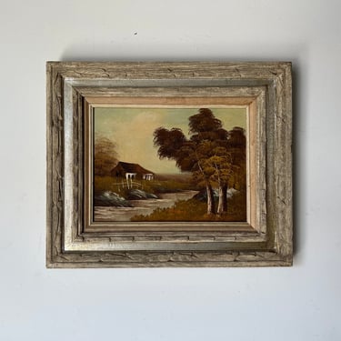 Vintage Eastman Cottage Landscape Oil on Canvas Painting, Framed 