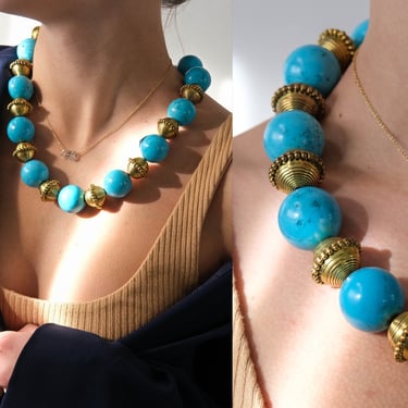 Vintage Oversized Bulbous Turquoise & Ornate Brass Bead Chunky Necklace | Statement Piece, 80s | 1980s Designer Layering Vogue Boho Bohemian 