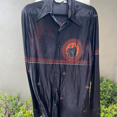 Vintage Disco men’s shirt black orange graphics sheer nylon Sz M/L by Gallery LTd CA. 