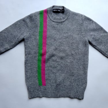 Ladies 100% Shetland Wool Knit Sweater Vintage Gray Long Sleeve Pullover with Pink and Green Stripes Crewneck Top Point of View Women's M 38 