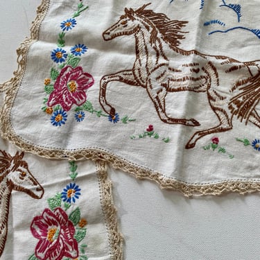 Hand Embroidered Horse Doilies Set Of 2, Vintage Galloping Horse, Horse Head, Horse Lovers, Fiber Arts, Doily Art, Sewing Project Supplies 