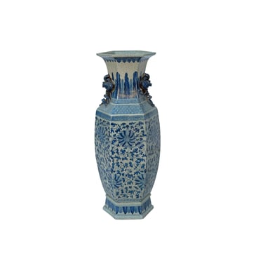 Vintage Chinese Off White Blue Flower Graphic Hexagonal Porcelain Vase ws3533E 