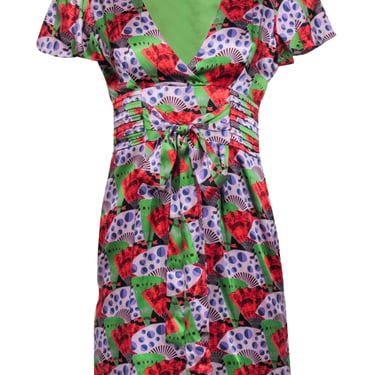 Adam Lippes - Green & Red Multi Color Printed Silk Dress Sz 4