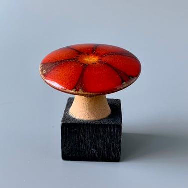Vintage Hand-Painted Ceramic Mushroom on Wooden Block 