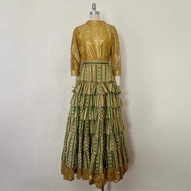 1960s Green & Gold Brocade and Lurex Top and Skirt, Small to Medium | 60s Vintage Metallic Costume Dress Set (S, M, 42-28-40) 