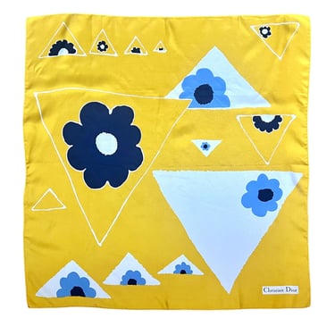 Christian Dior 1980's Yellow and Blue Geometric Flower Print Square Silk Scarf