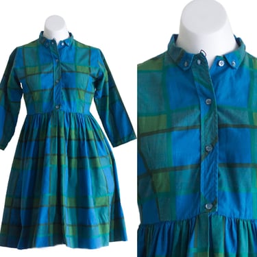 Vintage 1960s/50s Junior's Green and Blue Plaid Shirt Dress | Fit and Flare 