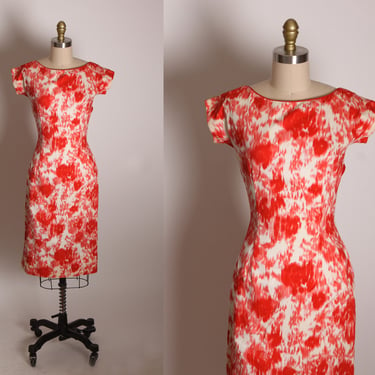 1950s Coral Red Orange Pink and White Abstract Short Sleeve Bow Detail Back Wiggle Dress -XS 