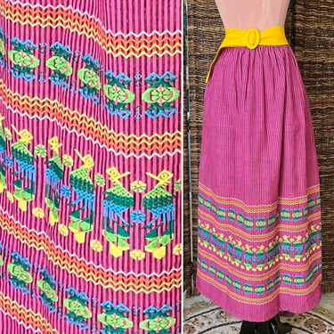 Bright Embroidery Skirt, Woven Cotton, Guatemala, Traditional Design, Maxi, Hippie Boho Ethnic, Vintage 