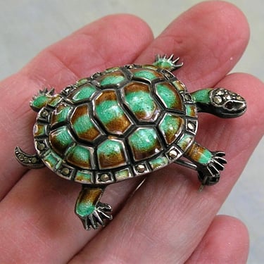 Cute Vintage Sterling Enamel and Marcasite Turtle Brooch Pin, Sterling 935 Turtle Pin, Vintage Turtle Brooch Pin (#4128) 