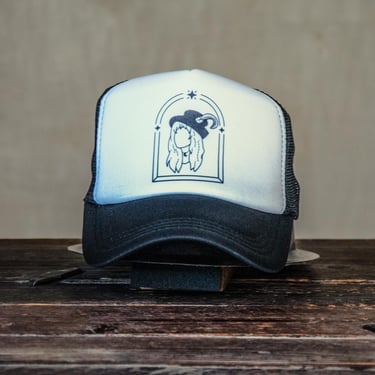 Ready to Ship | Trucker Hat | Hand Printed | Stevie | Black hat 