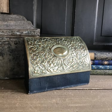 19th C Stationary Box, Embossed Brass Lid, Victorian Edwardian Era, Writing Travel Case, Blue Silk Lining, Antique Desk Decor 